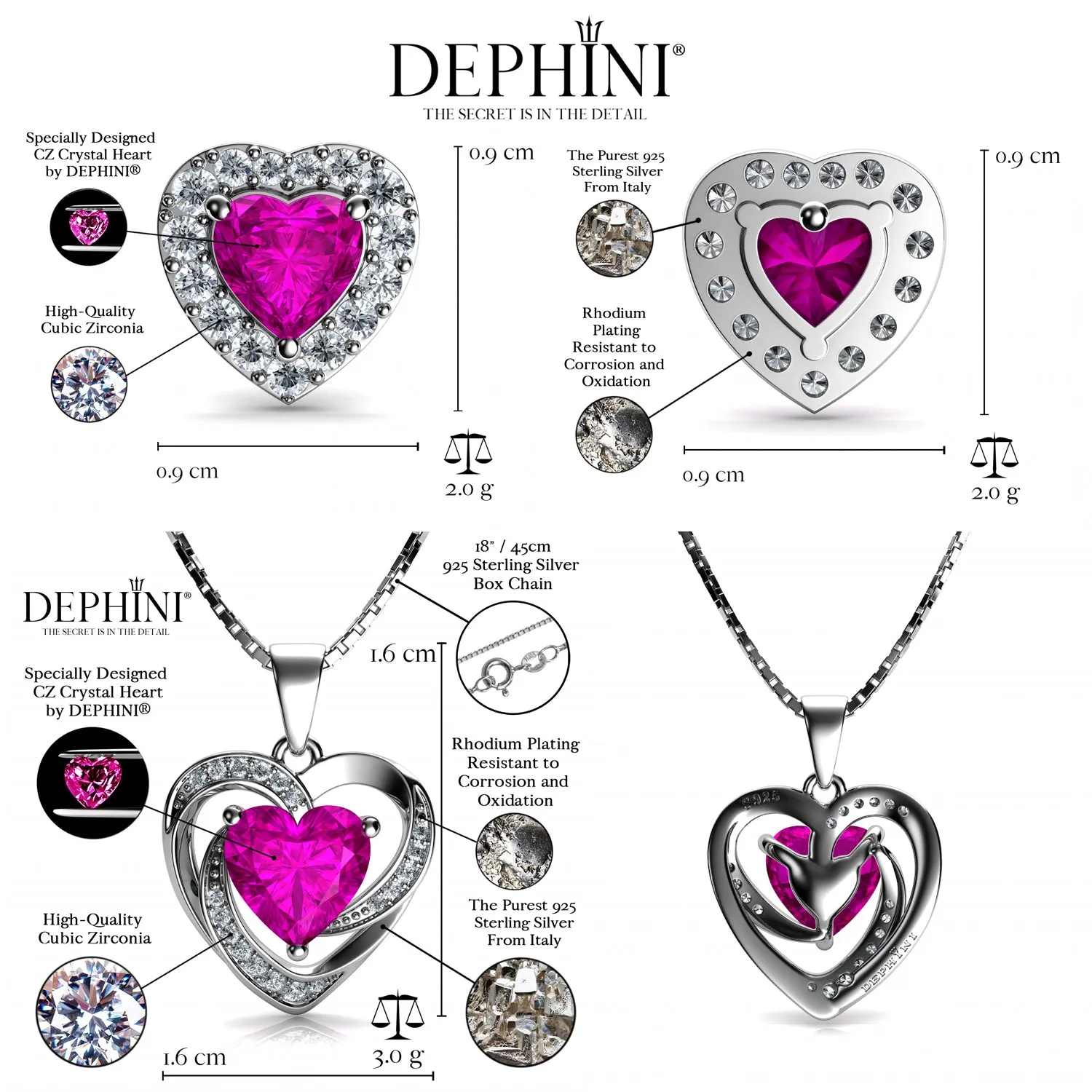 DEPHINI Pink Jewellery SET Heart Necklace & Heart Earrings Silver