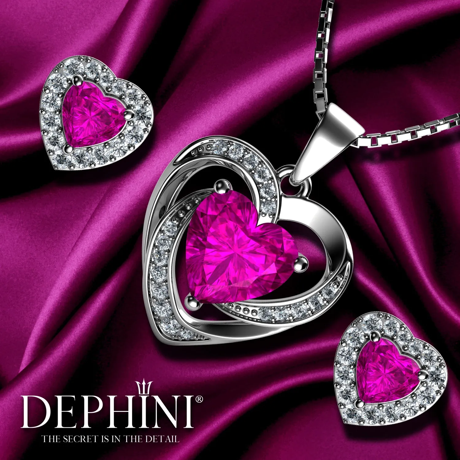 DEPHINI Pink Jewellery SET Heart Necklace & Heart Earrings Silver