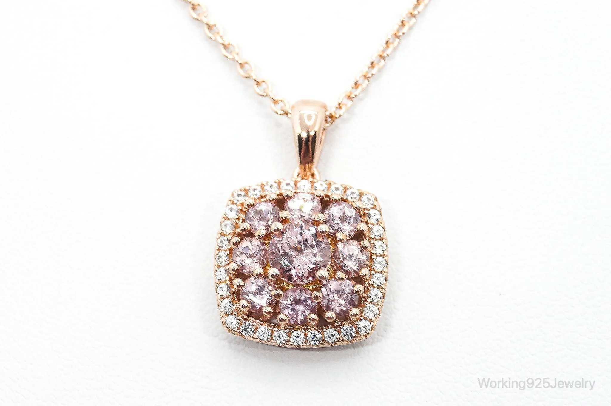 Designer DK White & Pink CZ Rose Gold Vermeil Sterling Silver Necklace