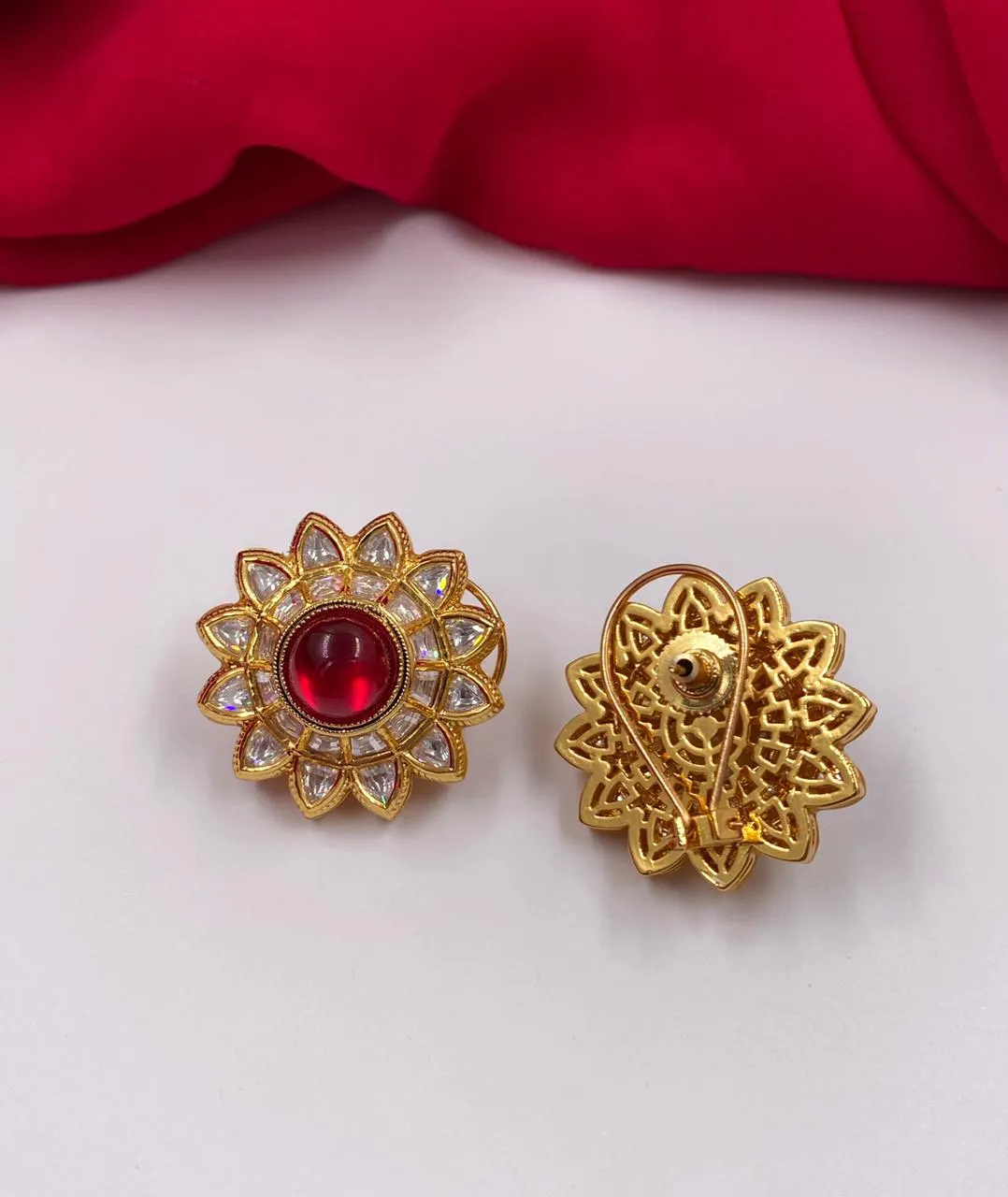 Designer Gold Plated Big Kundan Ruby Stud Earrings By Gehna Shop