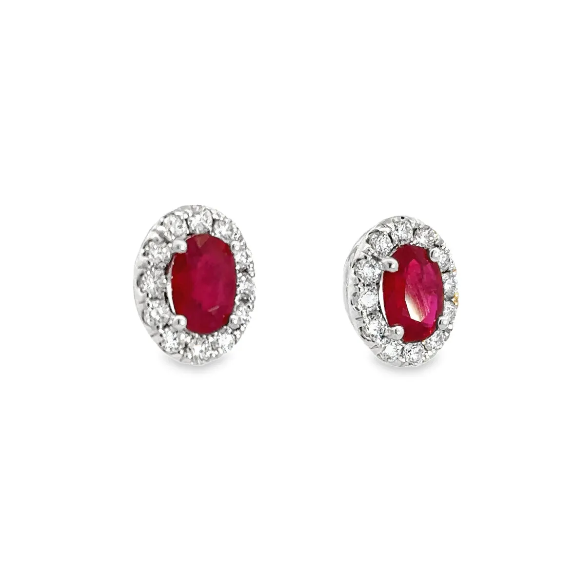 Diamond Halo and Ruby Oval Shaped Stud Earrings