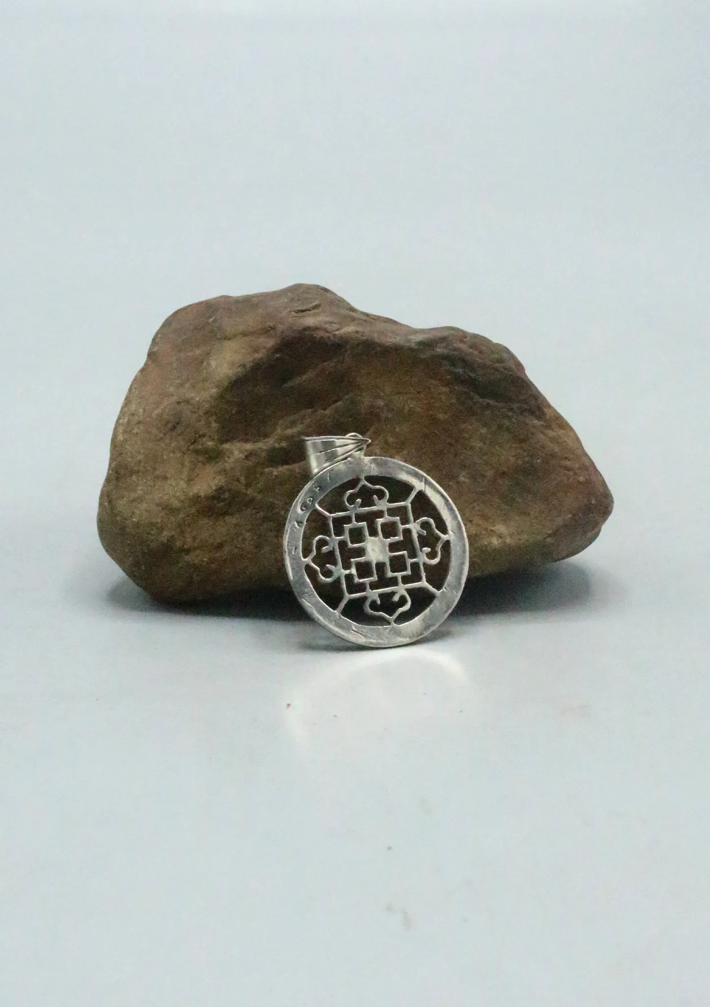 Double Dorjee Mandala Coral Inlaid Silver Sterling Pendant