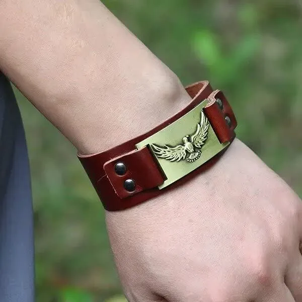 Eagle Leather Bracelet Punk Men's Nordic Bracelet with Blood Eagle - Pagan Jewelry of Talisman