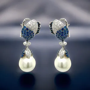 Estate 15.76 mm South Sea Pearl 2.68 cttw Diamond 7.90 cttw Sapphire Dangle Earrings 13281