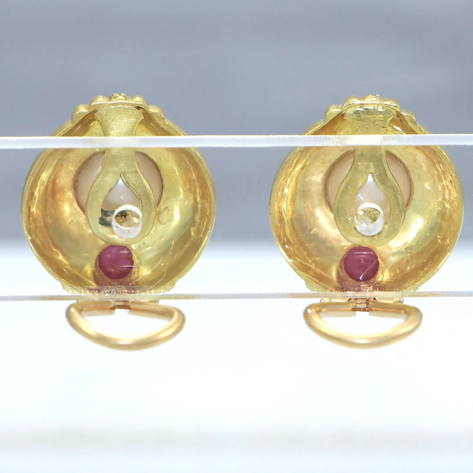 Estate Judith Ripka 14k Yellow Gold 7mm Pearl 4mm Ruby .08ct Diamond Earrings