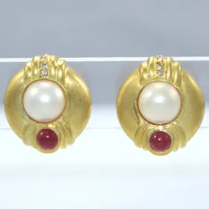 Estate Judith Ripka 14k Yellow Gold 7mm Pearl 4mm Ruby .08ct Diamond Earrings