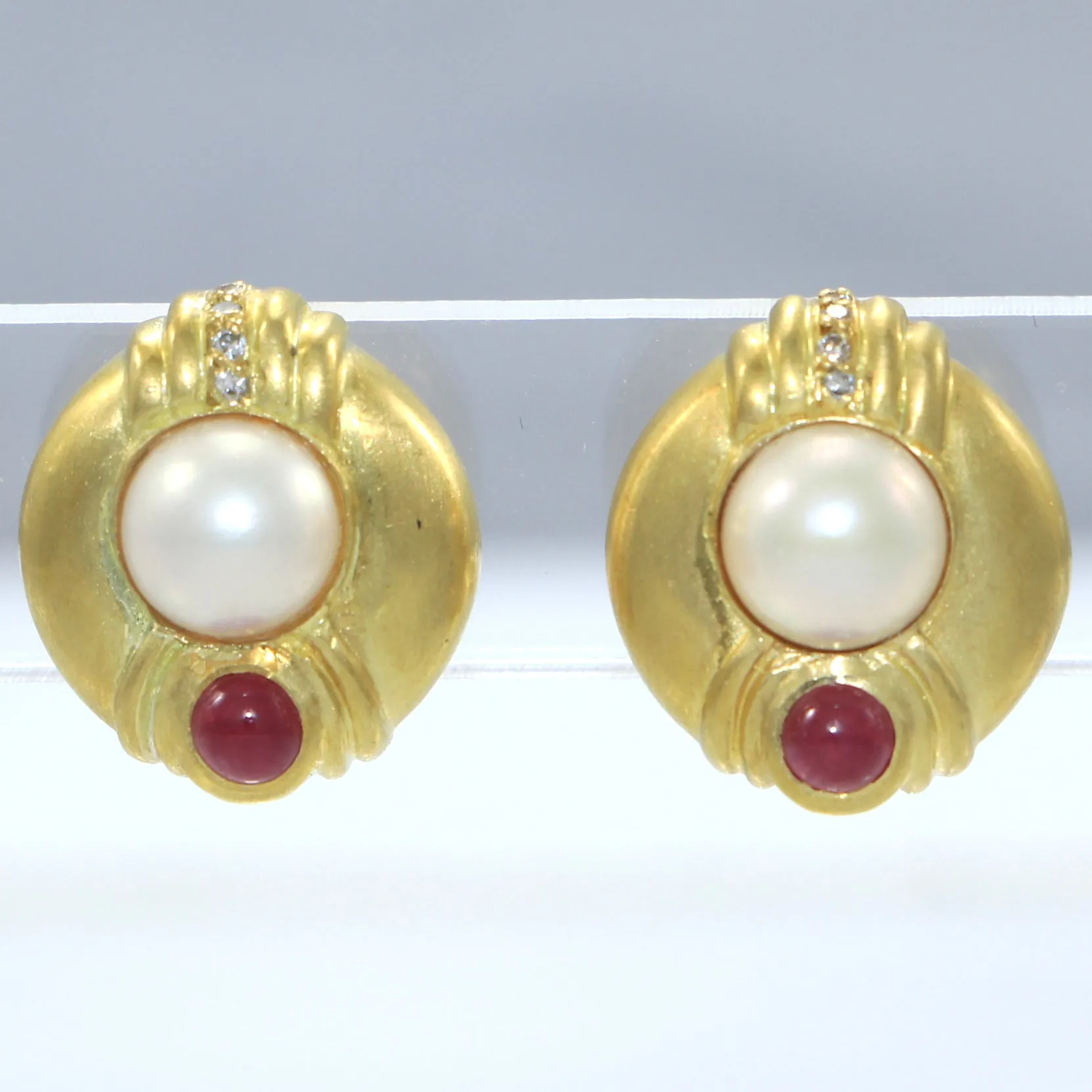 Estate Judith Ripka 14k Yellow Gold 7mm Pearl 4mm Ruby .08ct Diamond Earrings