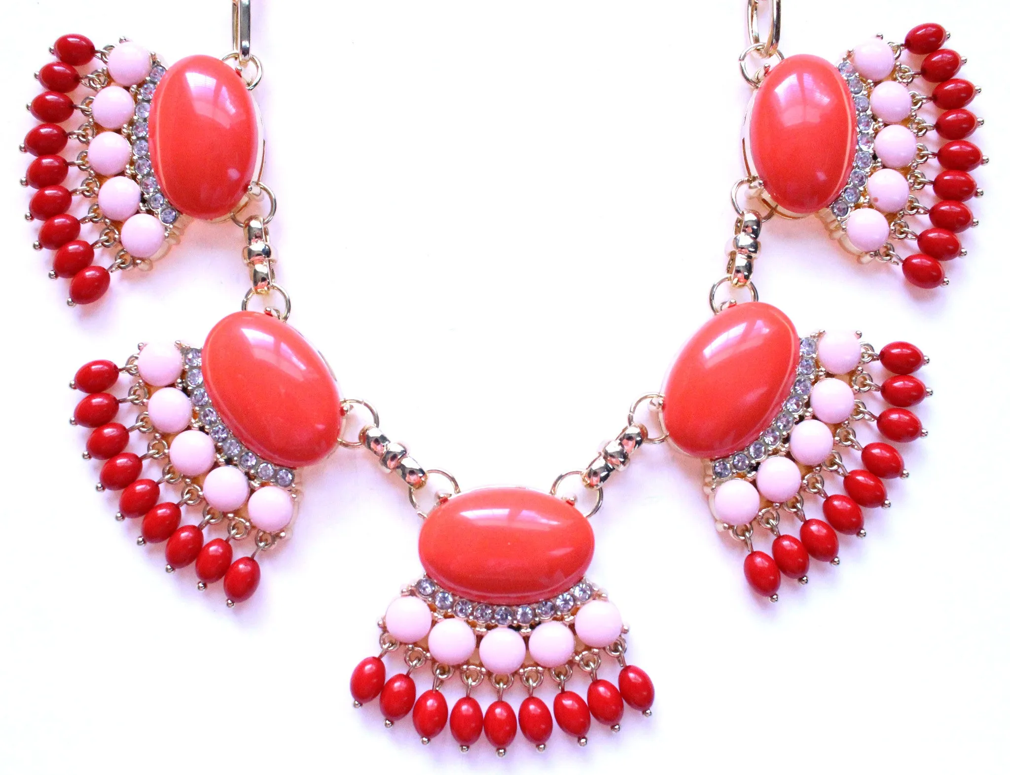 Fan Fringe Statement Necklace- Coral & Pink