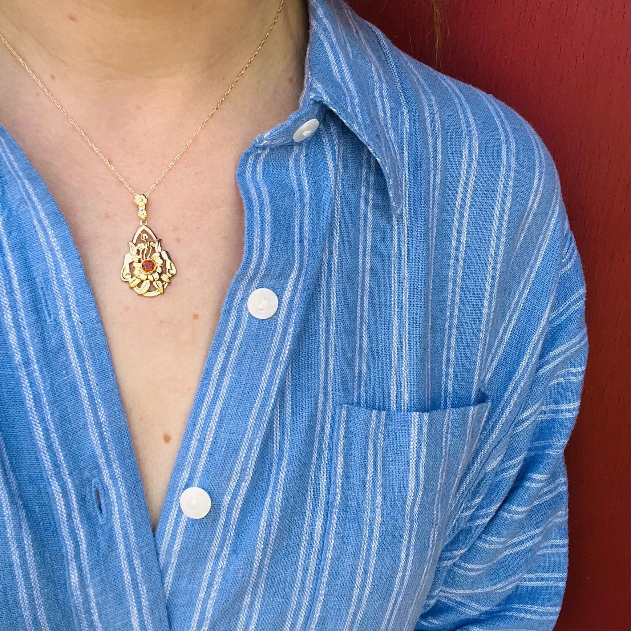 Flowery Gold Necklace with Fiery Citrine