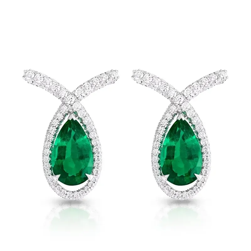 FTreasures Cotillon 18ct White Gold Emerald Diamond Pear Cut Earrings