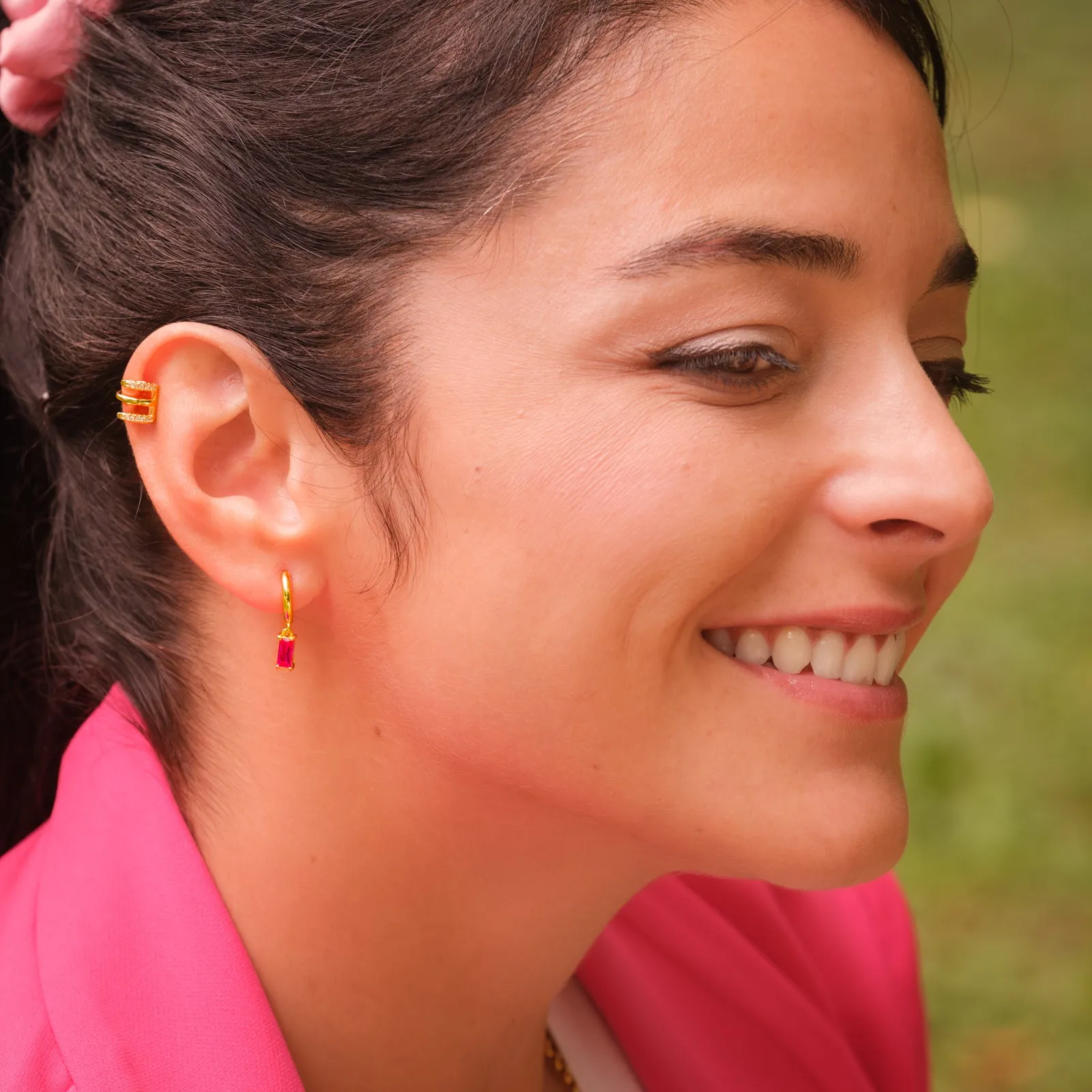 Fuchsia Zircon Drop Huggie Hoops