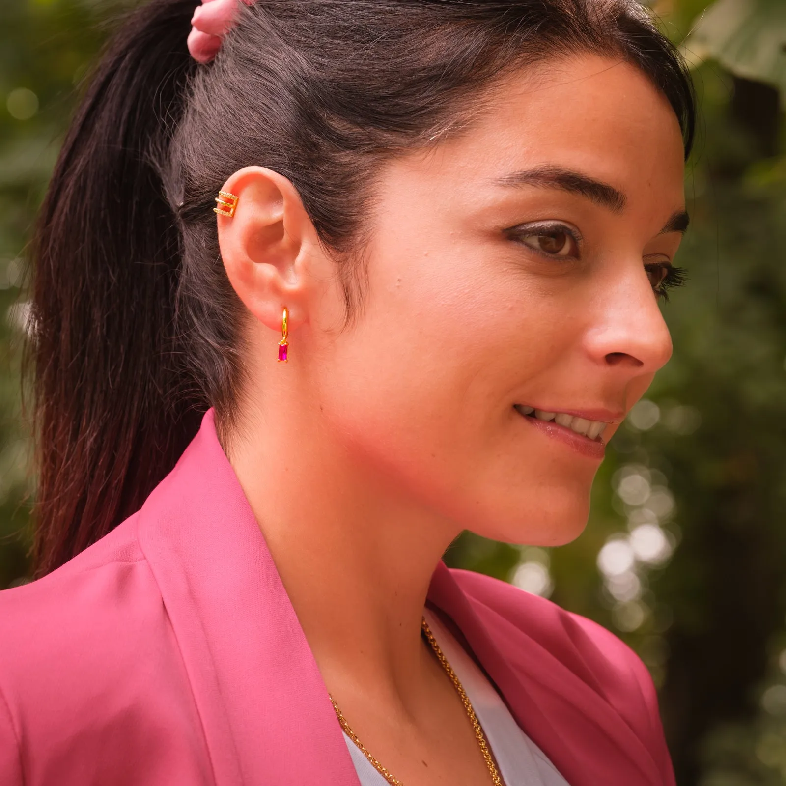 Fuchsia Zircon Drop Huggie Hoops
