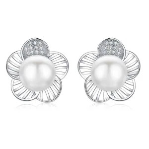 Glitter flower pearl earrings
