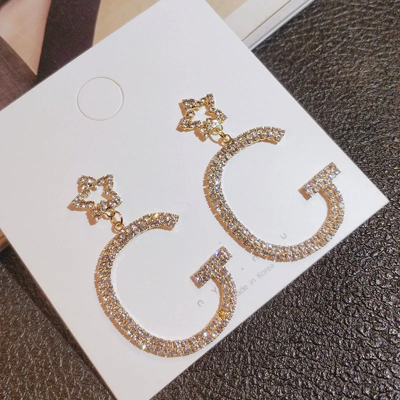 Glittering Gold Rhinestone Letter Star Drop Earrings