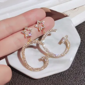 Glittering Gold Rhinestone Letter Star Drop Earrings