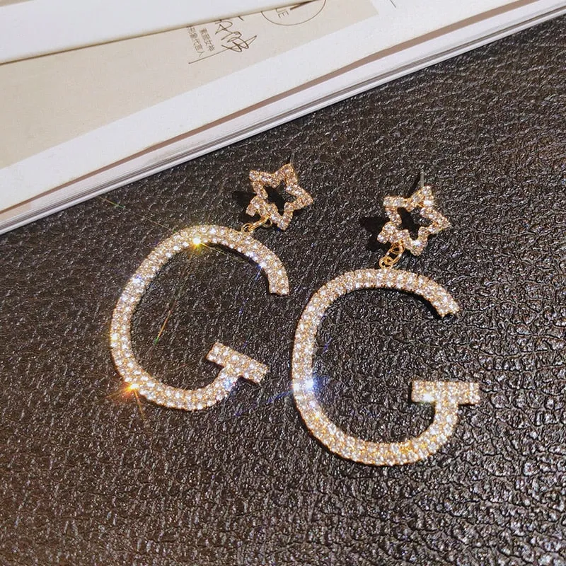 Glittering Gold Rhinestone Letter Star Drop Earrings