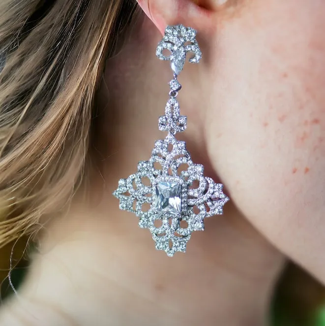 Gothic Diamond Shape Micro-Paved Chandelier Bridal Earrings, Sterling Silver Posts