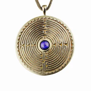 Labyrinth Peace Bronze Pendant Necklace with 6mm Lapis Lazuli Gemstone on Adjustable Natural Fiber Cord (Wholesale)