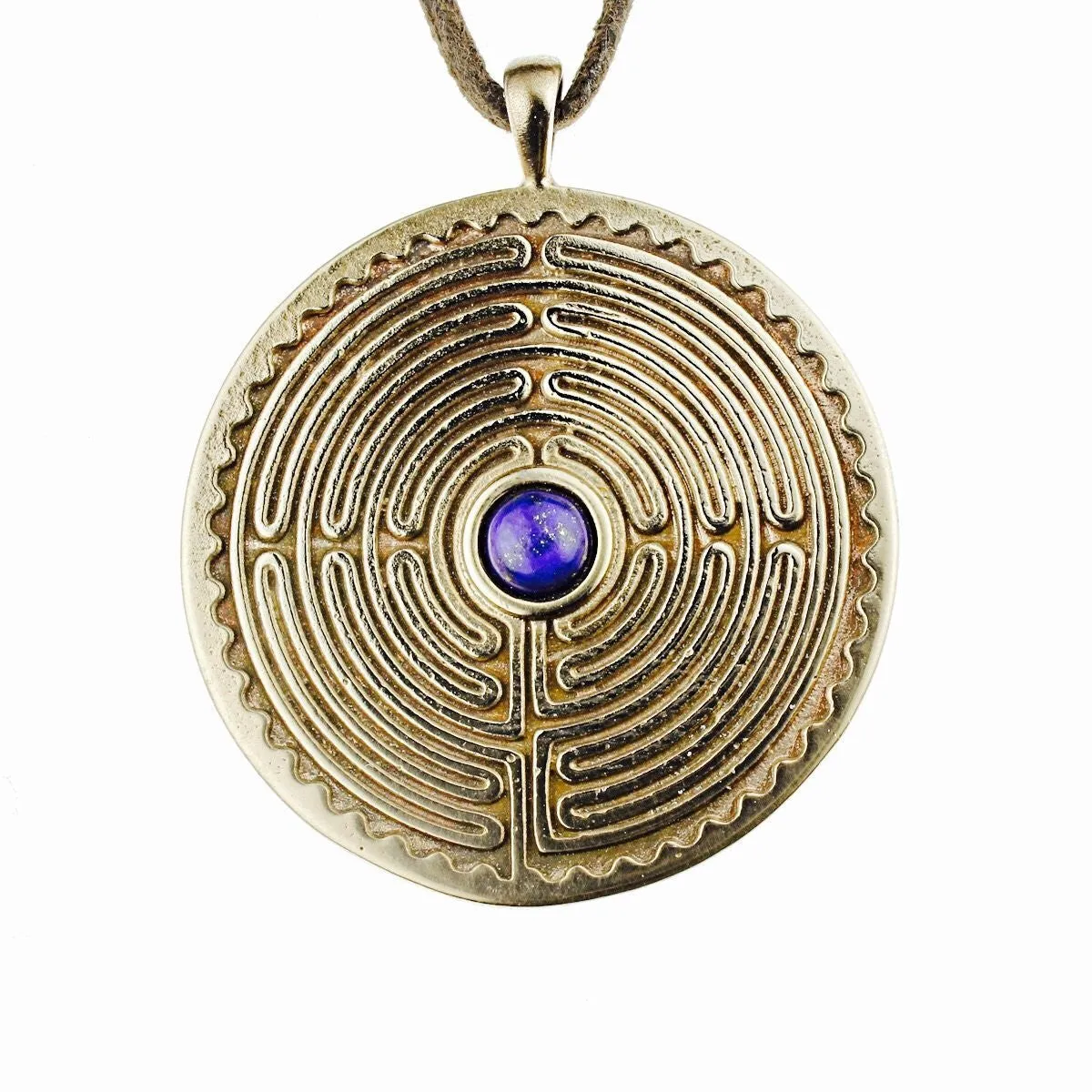 Labyrinth Peace Bronze Pendant Necklace with 6mm Lapis Lazuli Gemstone on Adjustable Natural Fiber Cord (Wholesale)