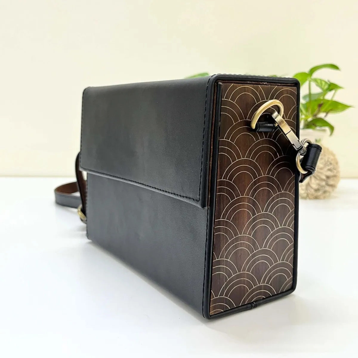 Leather & Wood Brass Scallop Sling Bag