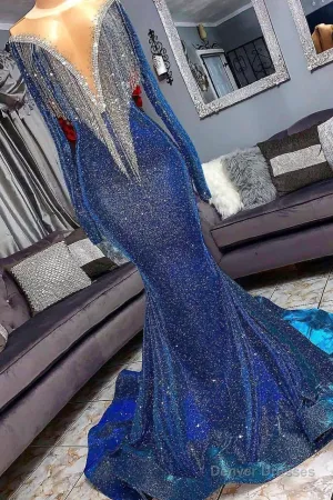 Luxurious long Sequins Mermaid V-neck Prom Dresses with Sleeves