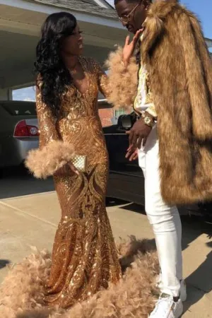 Luxurious Long Sleeves Mermaid Beaded Prom Dress Appliques With Feathers | Ballbellas