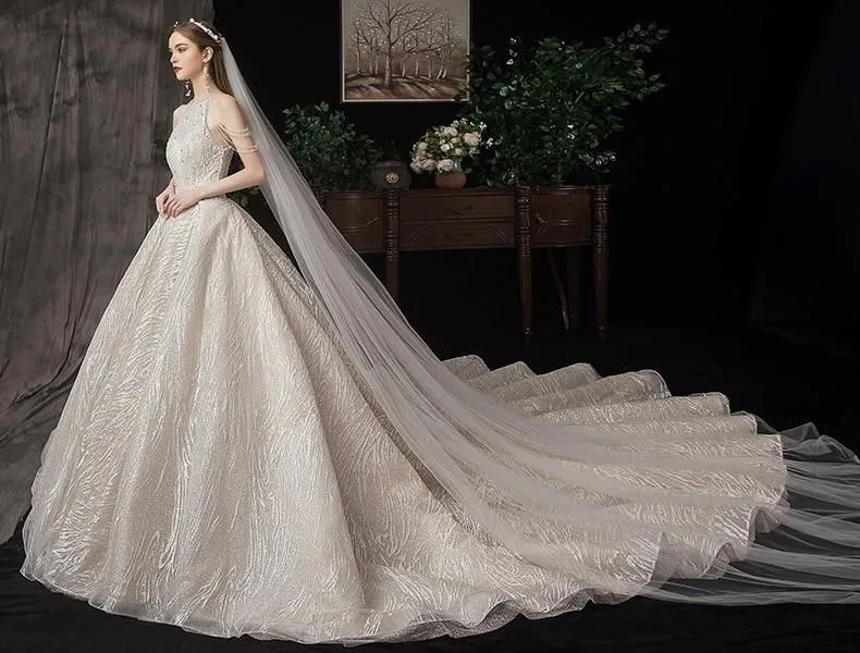 Luxurious Shiny Sexy Wedding Gown with Crystal Lace / Beading
