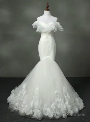 Luxurious Strapless Wedding Dress Mermaid Real Photo Tulle With Ruffles