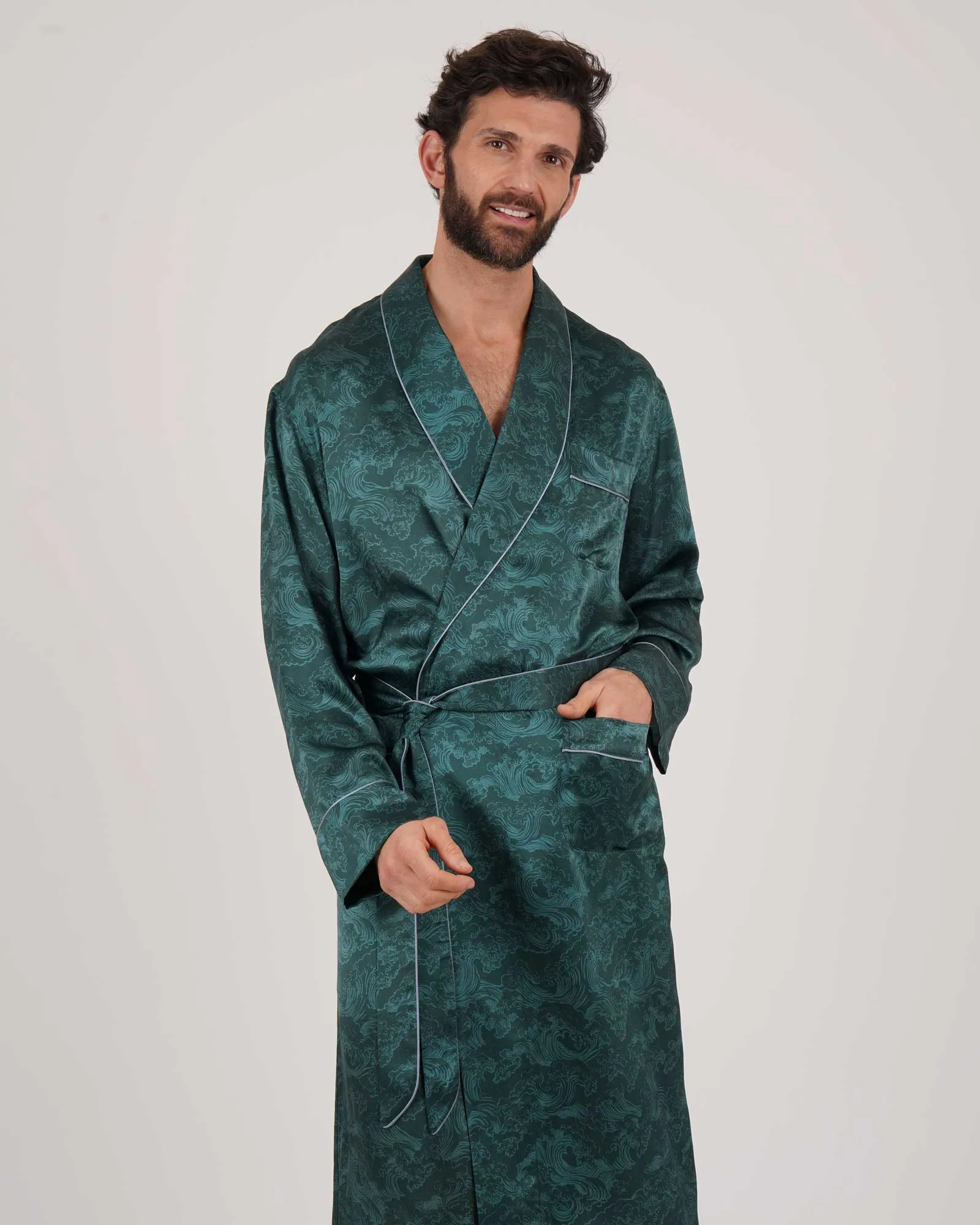 Men's Silk Dressing Gown - Bryher Wave Print