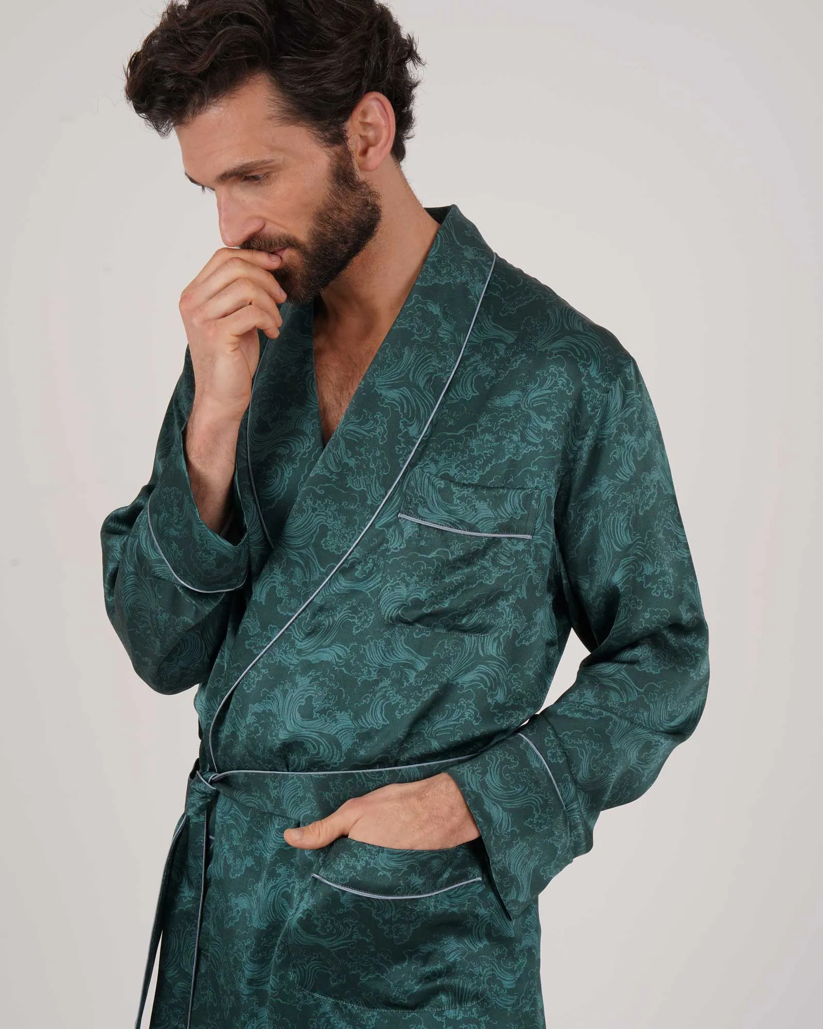 Men's Silk Dressing Gown - Bryher Wave Print