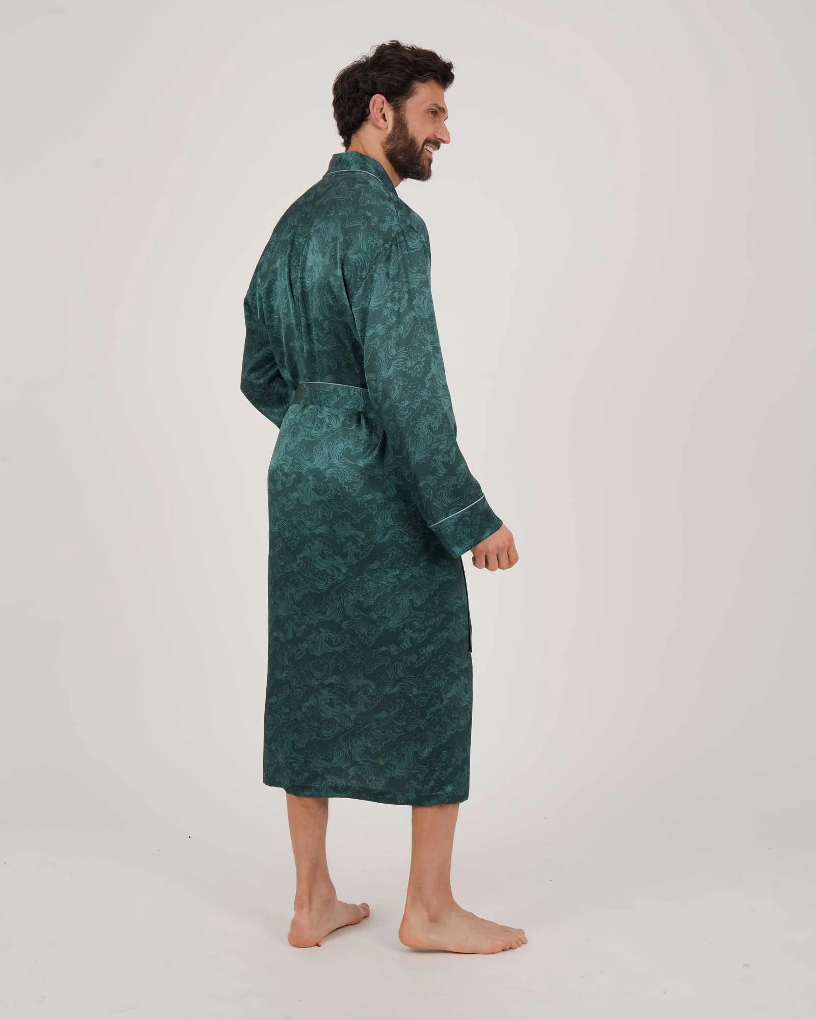 Men's Silk Dressing Gown - Bryher Wave Print
