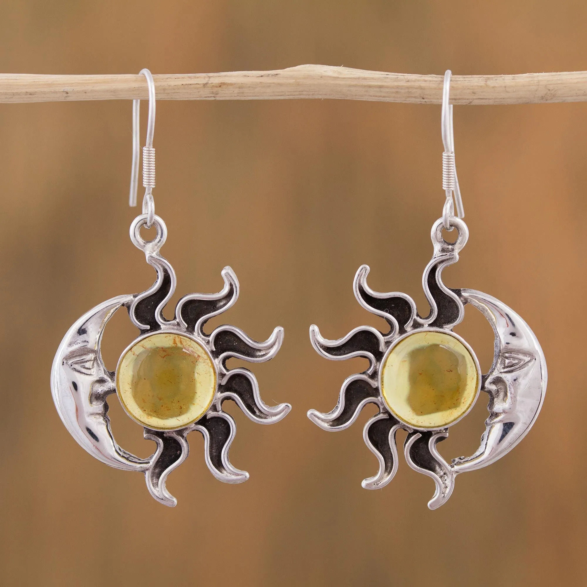 Mexican Sterling Silver and Amber Sun Moon Hook Earrings - Resplendent Sunset | NOVICA