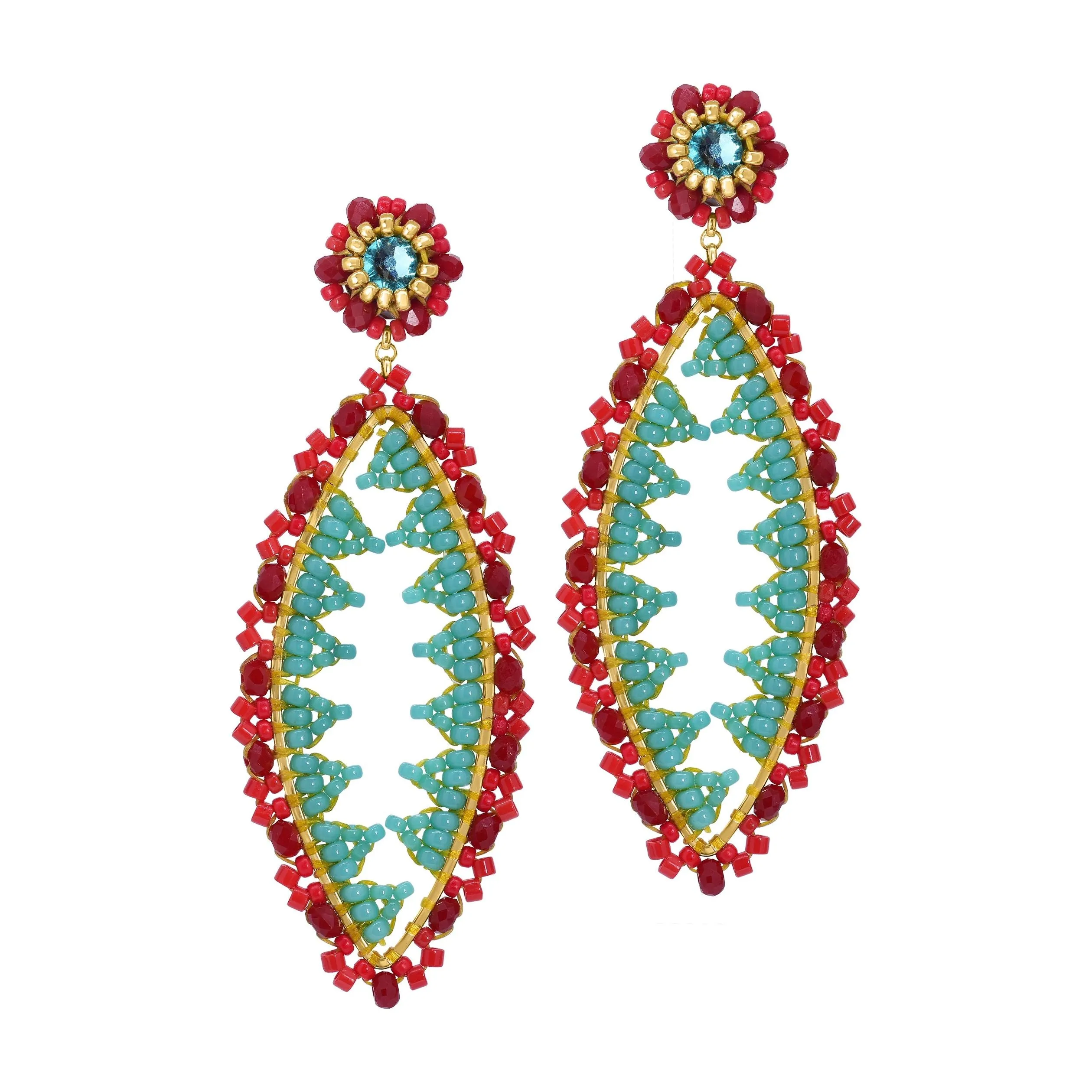 MIGUEL ASES TURQUOISE & RED MARQUIS SHAPE EARRINGS