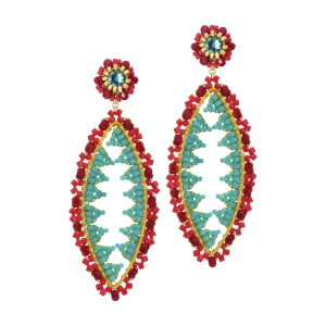 MIGUEL ASES TURQUOISE & RED MARQUIS SHAPE EARRINGS