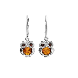 MILENA Earrings Silver and Baltic Amber with CZ Owl