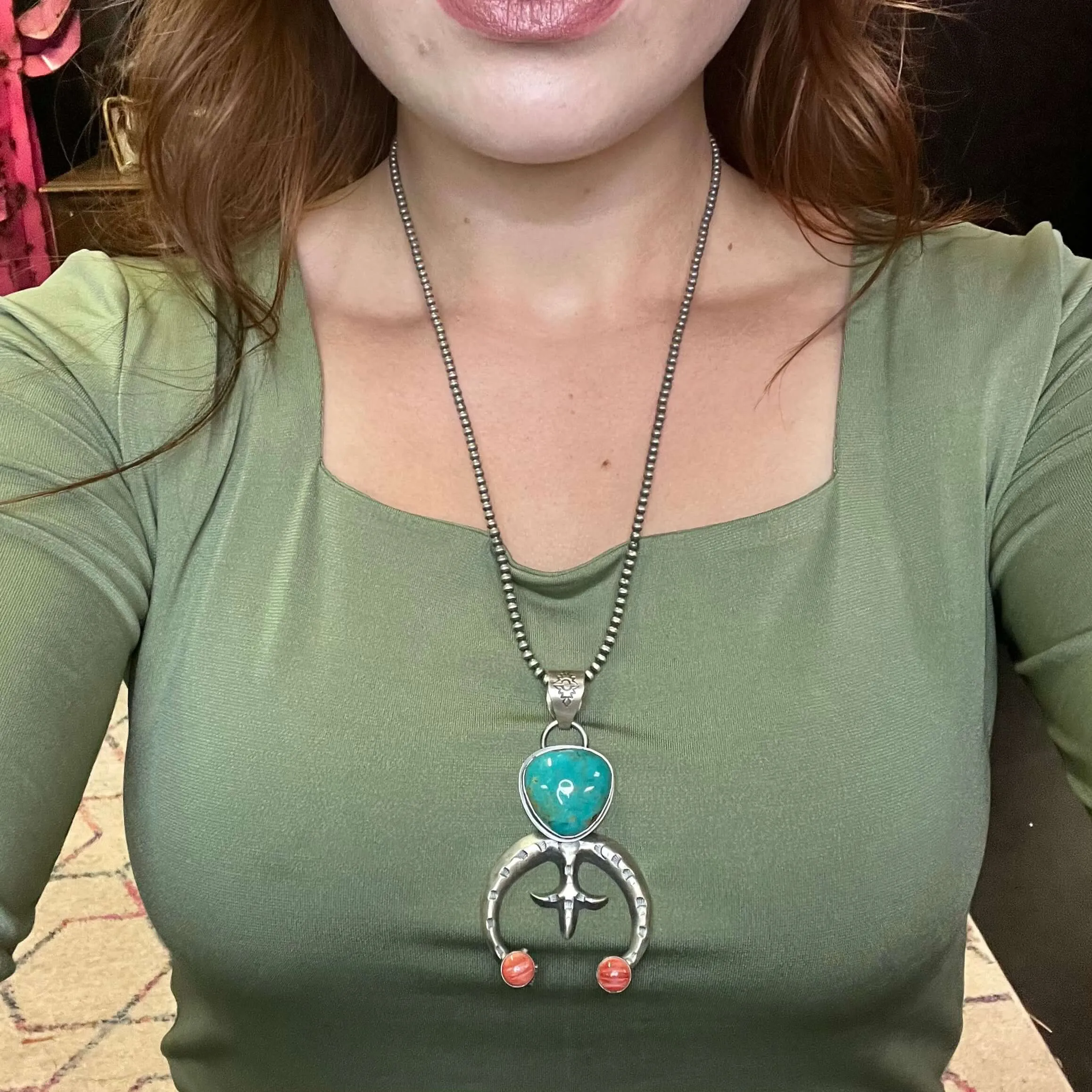 Naja with Big Turquoise and Red Coral Genuine Necklace Pendant