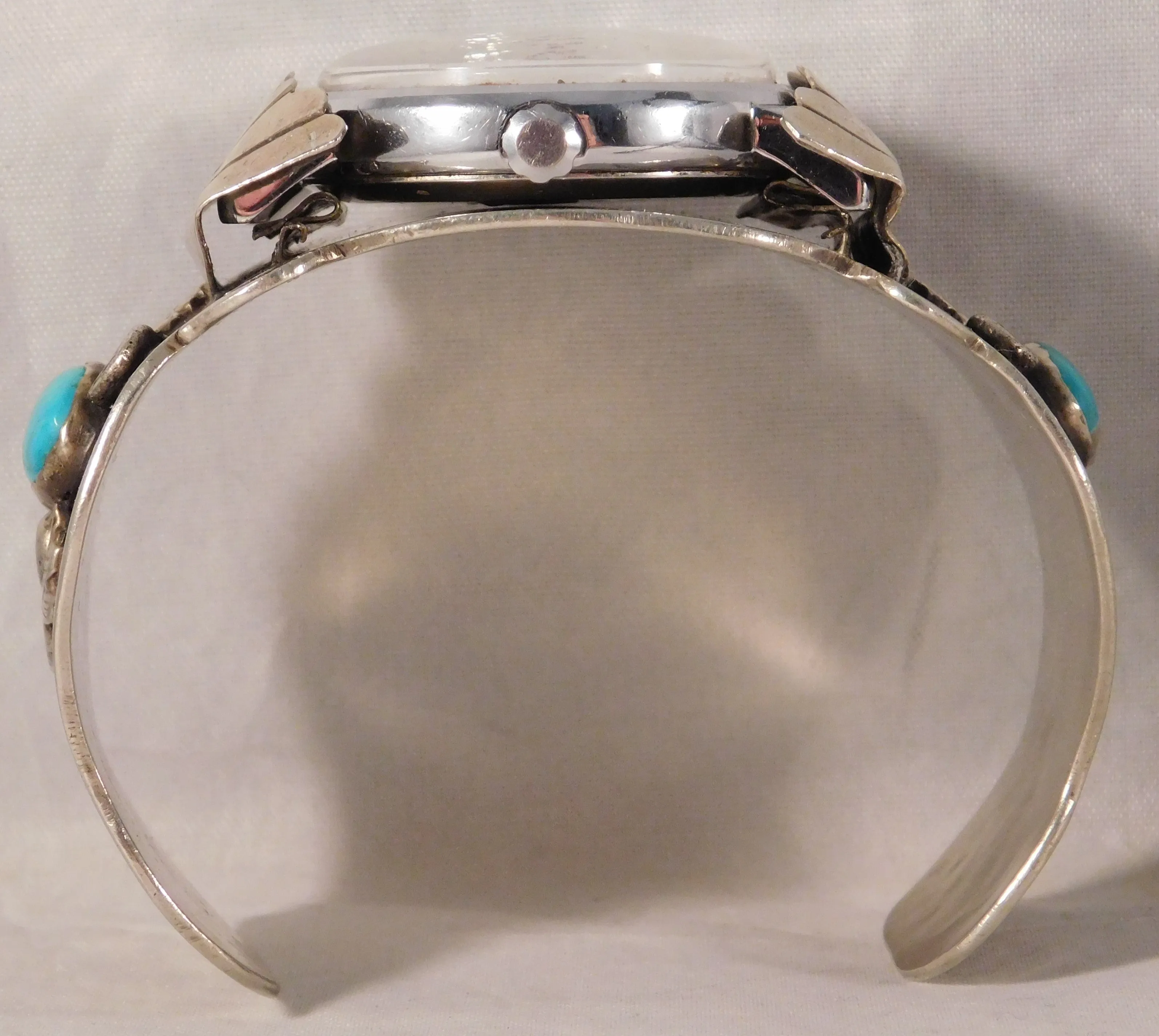 Navajo Native American Sterling Silver Turquoise Mens Watch Cuff Bracelet