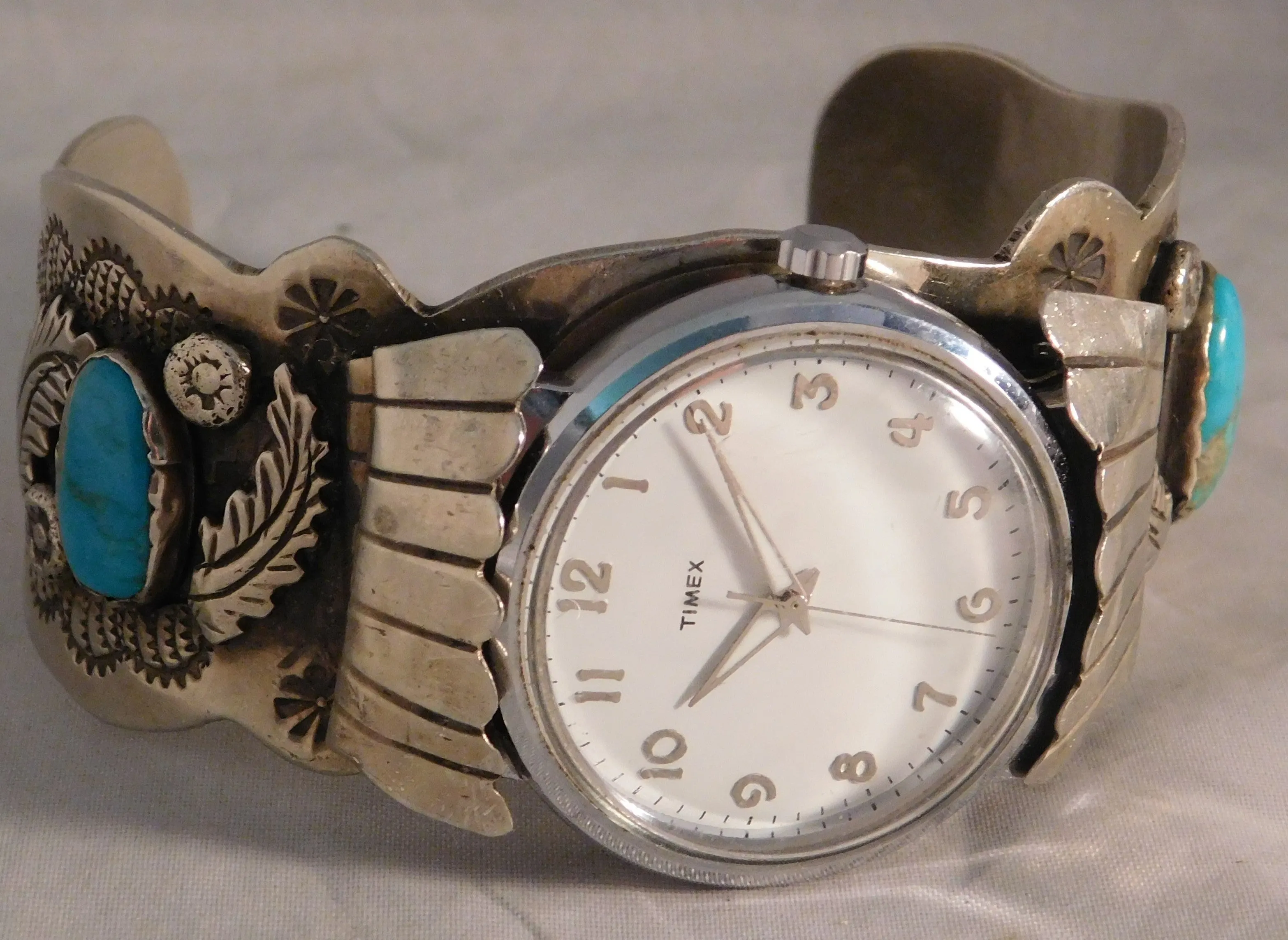 Navajo Native American Sterling Silver Turquoise Mens Watch Cuff Bracelet