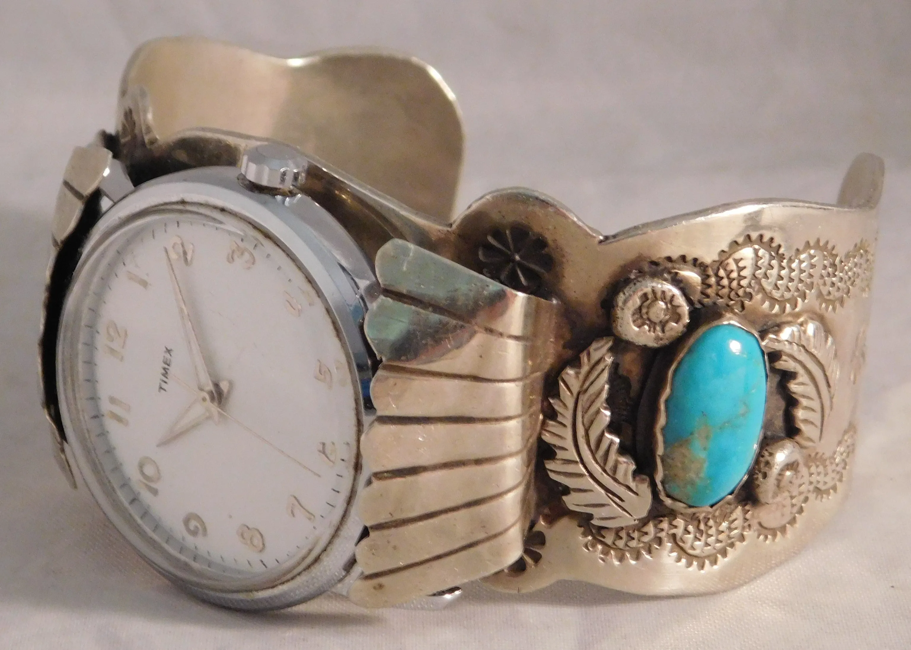 Navajo Native American Sterling Silver Turquoise Mens Watch Cuff Bracelet
