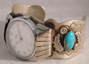 Navajo Native American Sterling Silver Turquoise Mens Watch Cuff Bracelet