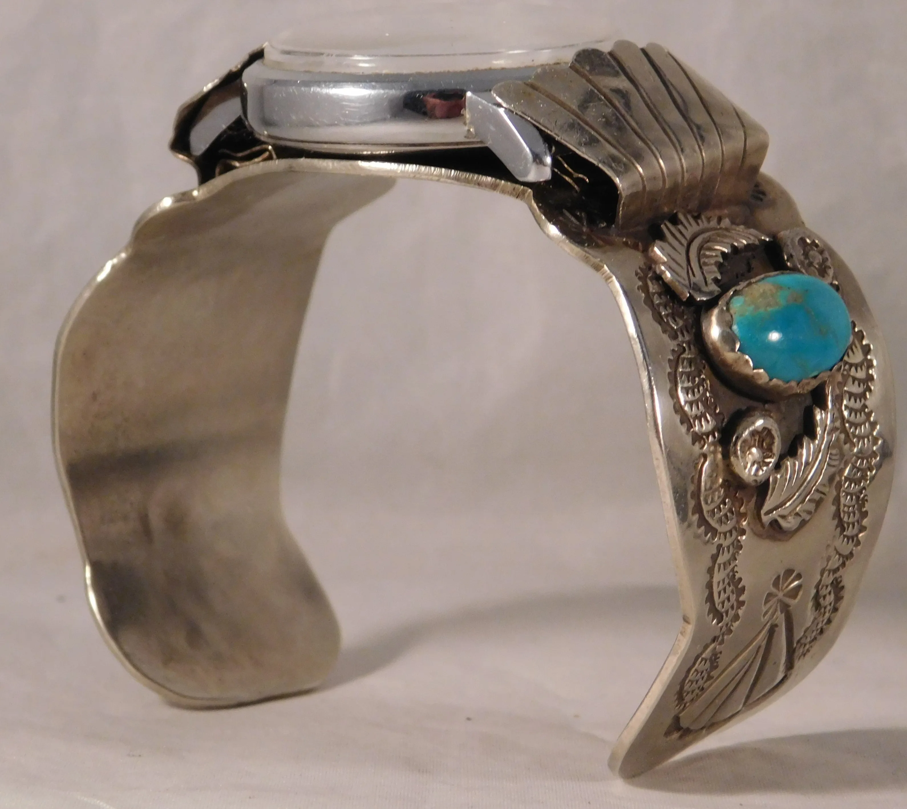 Navajo Native American Sterling Silver Turquoise Mens Watch Cuff Bracelet