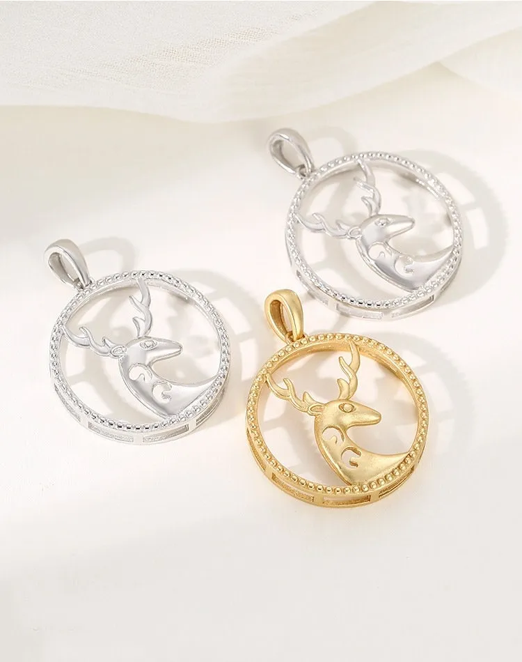 Necklace Pendant Frame Setting Deer Round Base 22mm Sterling Silver Fine 925 For One Cabochon No Prongs DIY Jewelry Finding Wholesale 1pc
