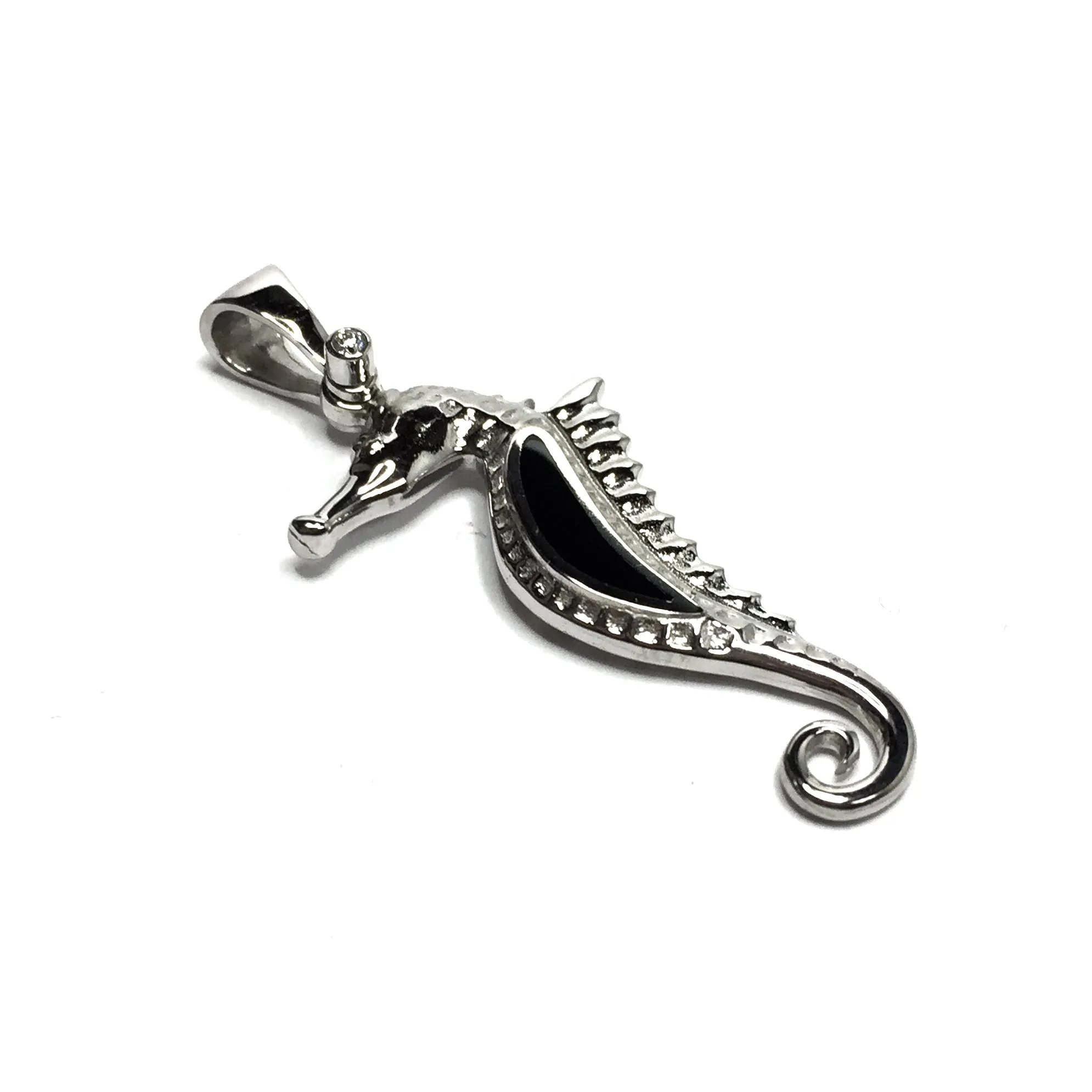 Onyx Inlaid .02Ctw Diamond Seahorse Pendant