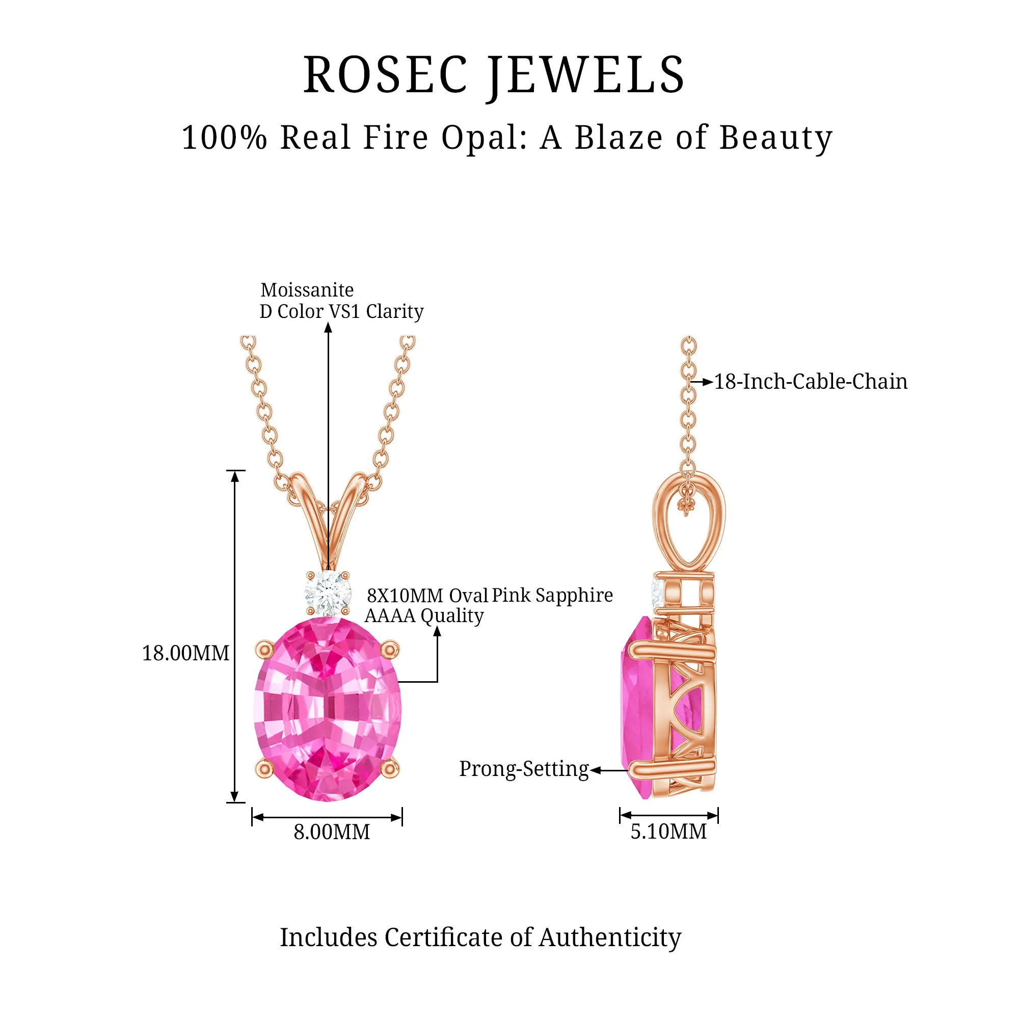 Oval Created Pink Sapphire Solitaire Pendant with Dainty Moissanite