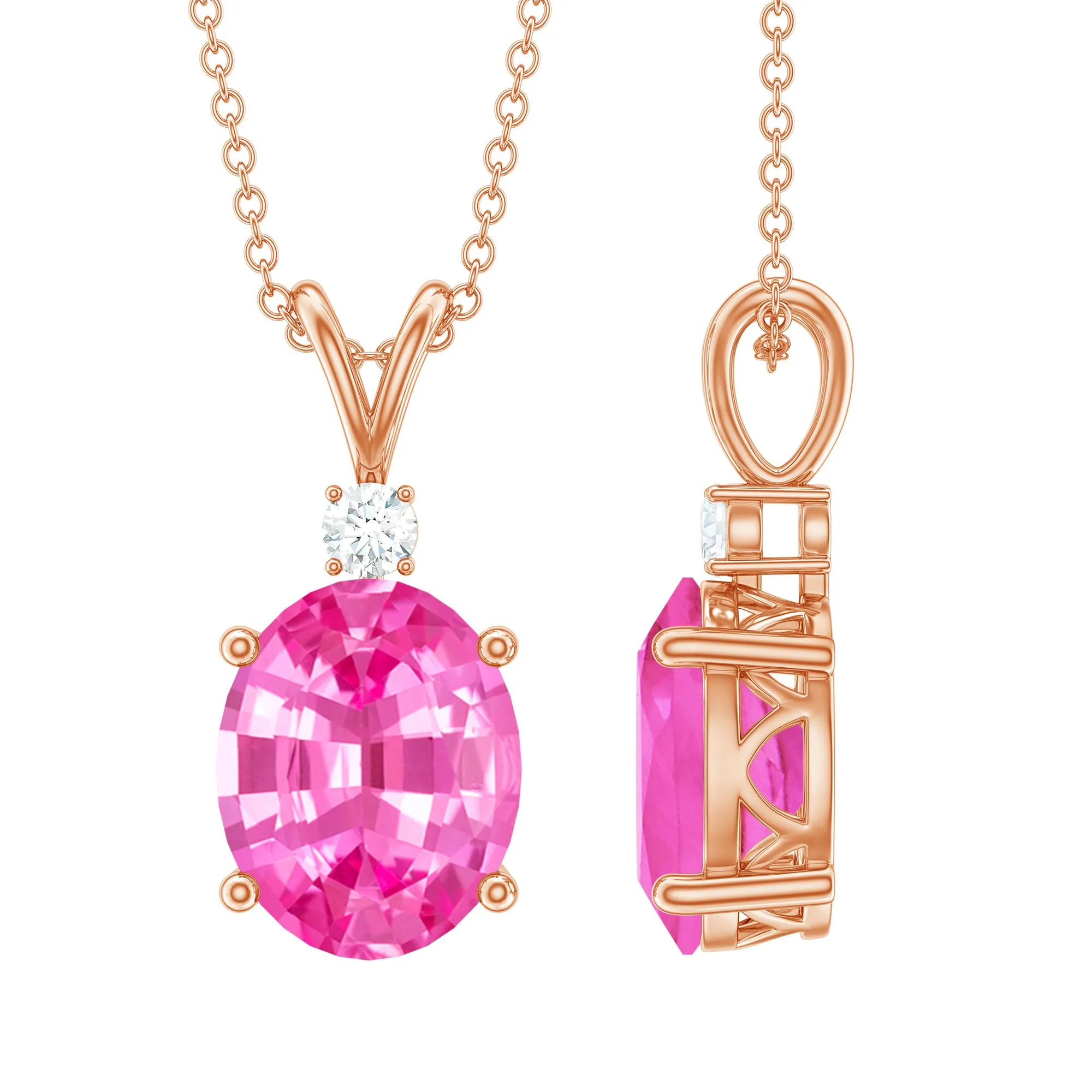 Oval Created Pink Sapphire Solitaire Pendant with Dainty Moissanite