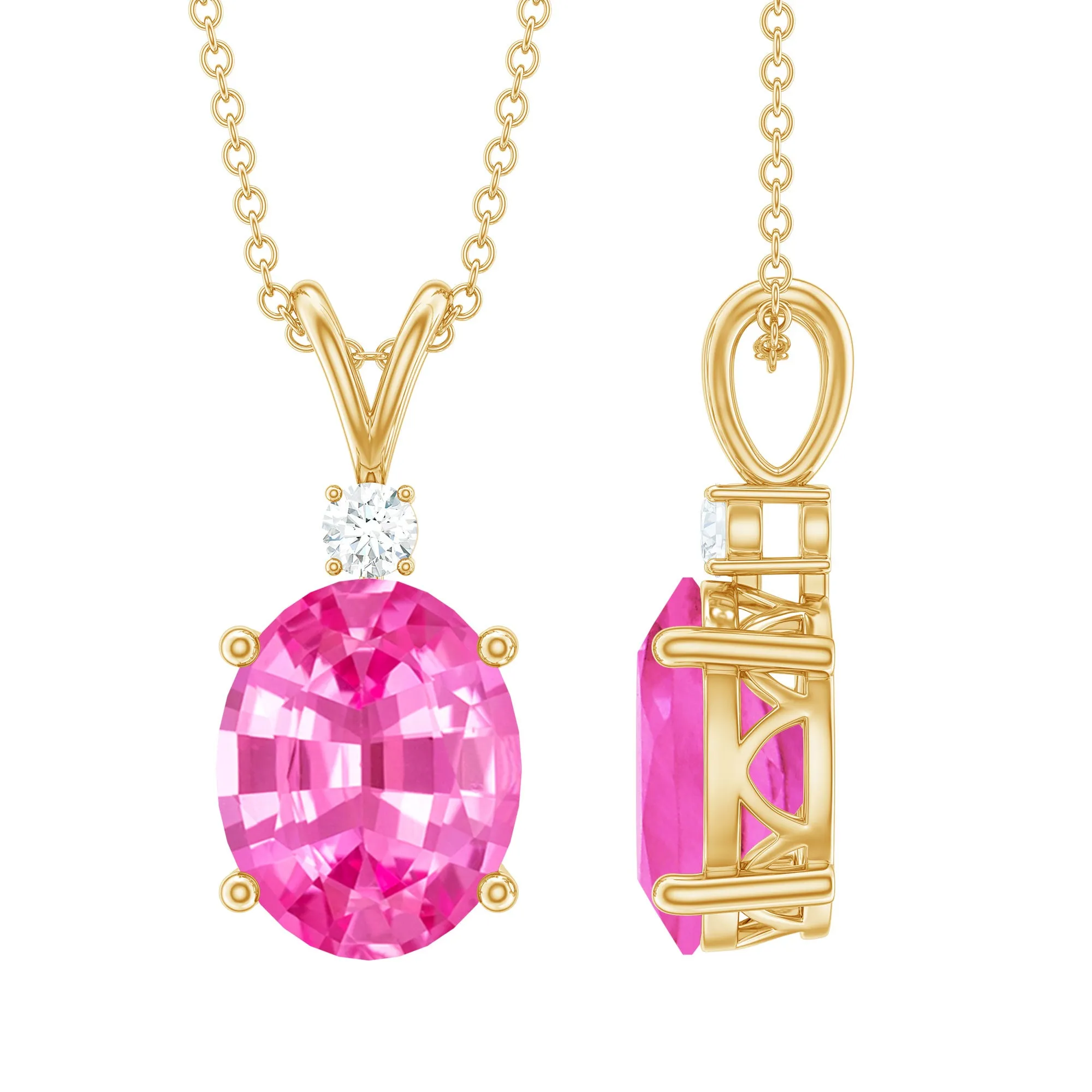 Oval Created Pink Sapphire Solitaire Pendant with Dainty Moissanite