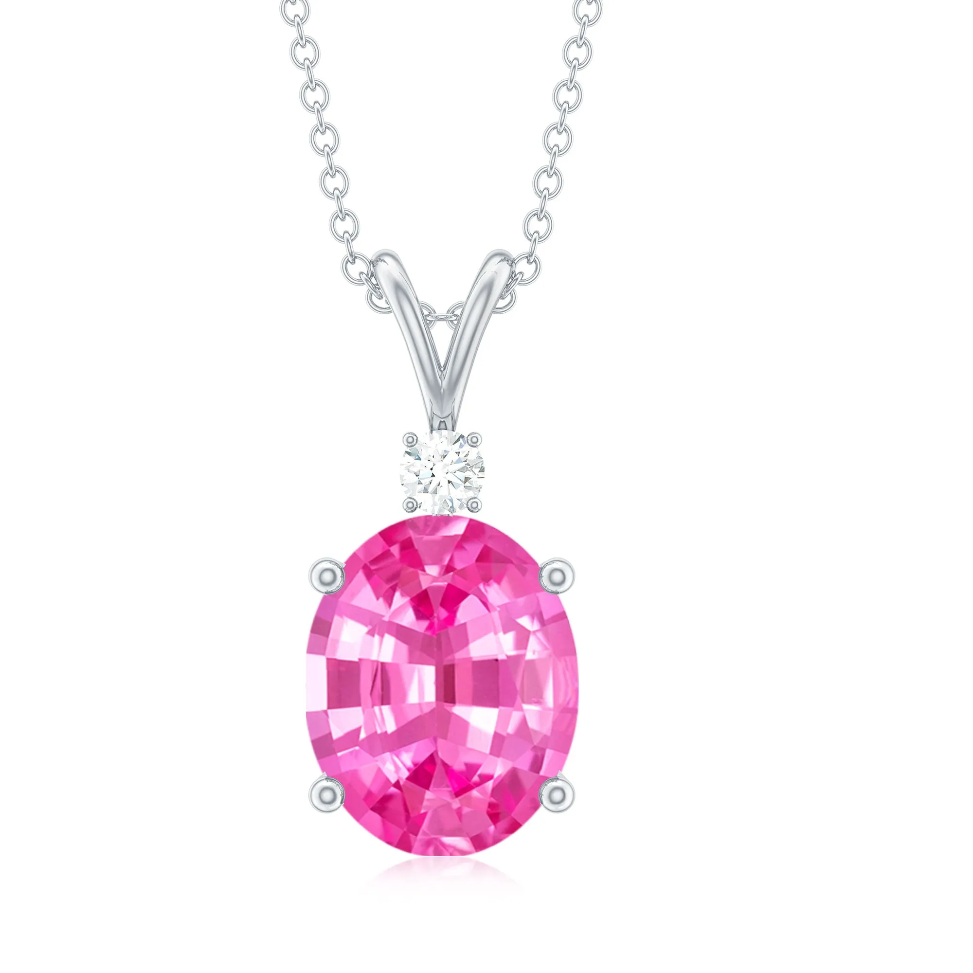 Oval Created Pink Sapphire Solitaire Pendant with Dainty Moissanite