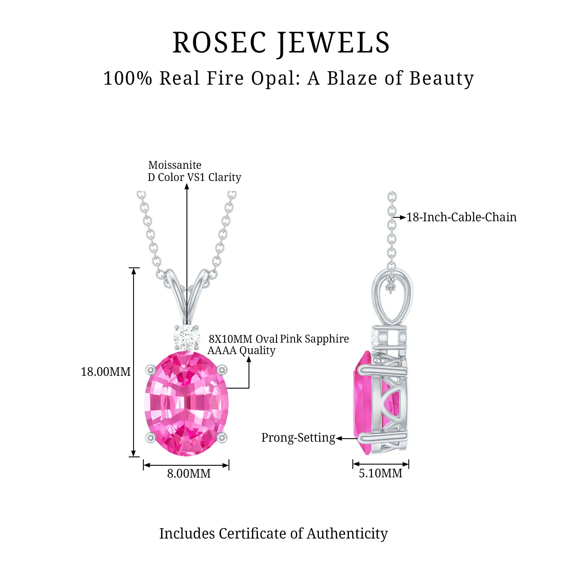 Oval Created Pink Sapphire Solitaire Pendant with Dainty Moissanite