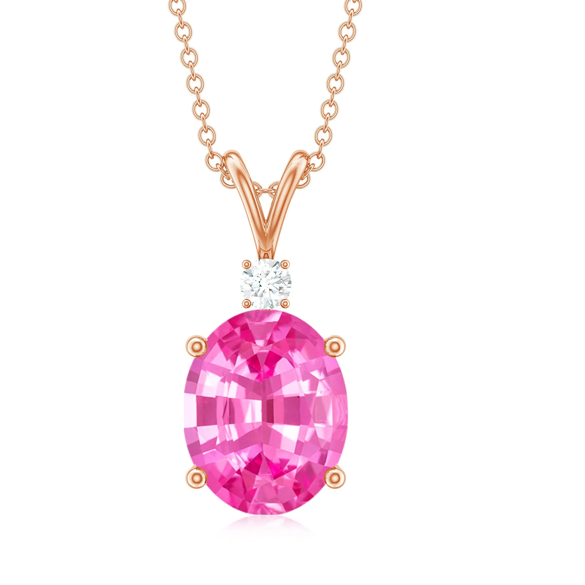 Oval Created Pink Sapphire Solitaire Pendant with Dainty Moissanite
