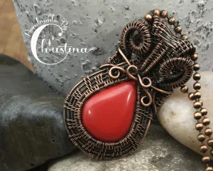Oxidized Copper Wire Woven Red Coral Pendant